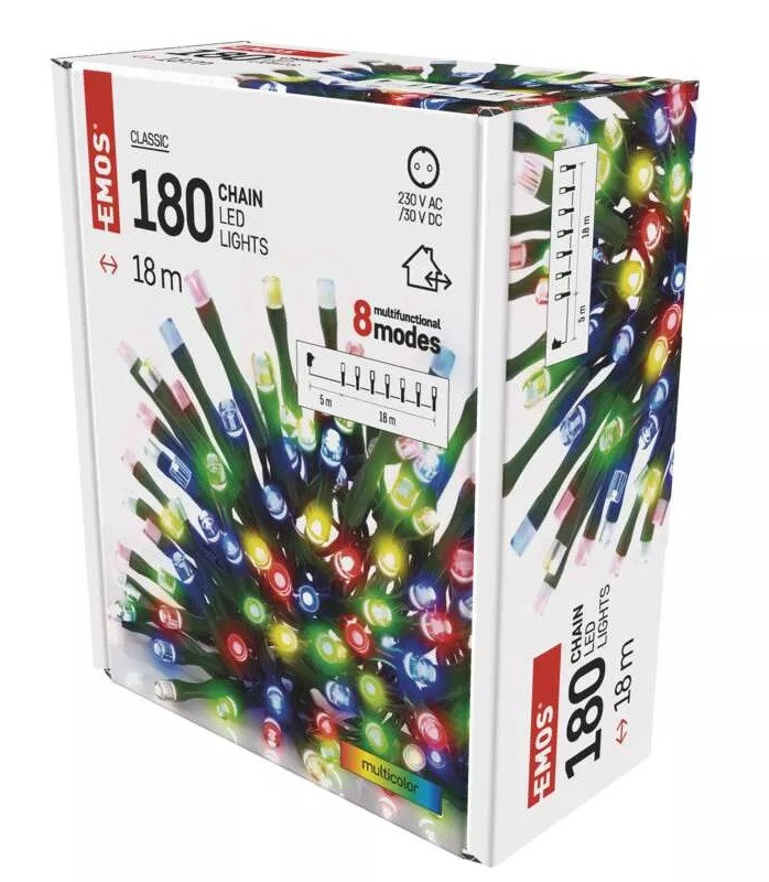 Řetěz vánoční 180 LED, 18 m, vnější/ vnitřní, multicolor, programy (D4AM09)