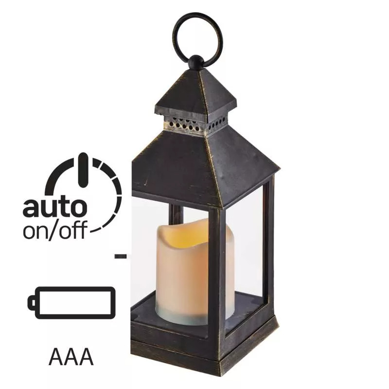 Dekorace LED lucerna antik černý, 3× AAA, blikající, čas. (ZY2115)