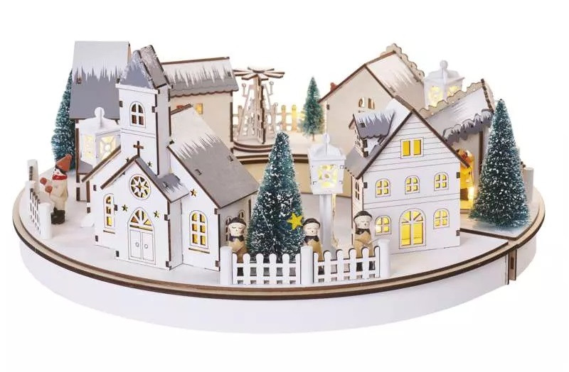 Dekorace dřevěná 2x4 LED - Vánoční vesnička, kruh, 2x AA, vnitřní, teplá bílá, časovač (DCWW23)