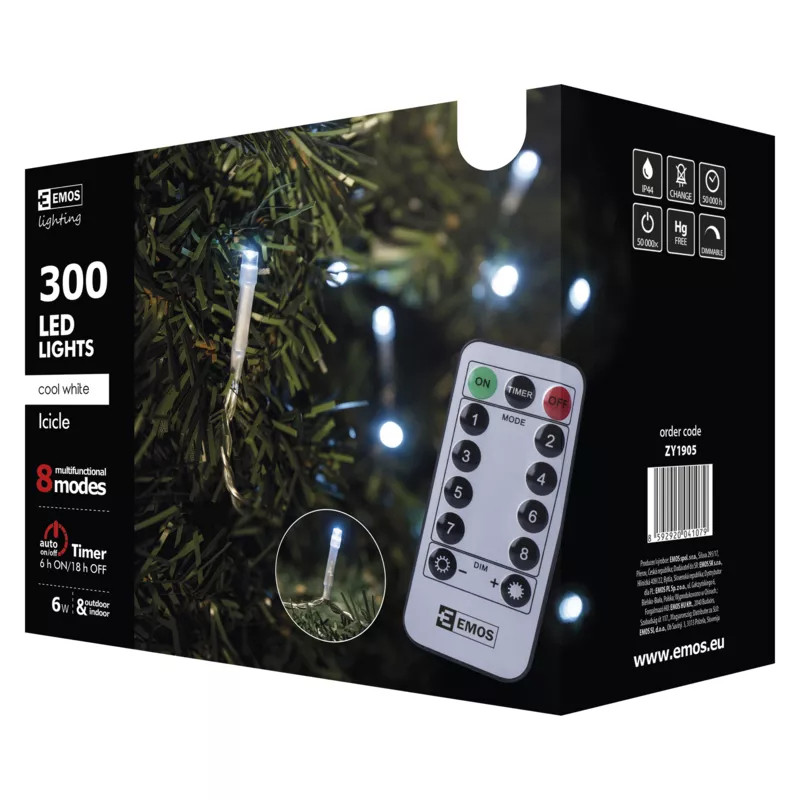 Rampouchy vánoční LED, 5 m, venkovní, stud.b.,ovlad.,prog.,č. (ZY1905)