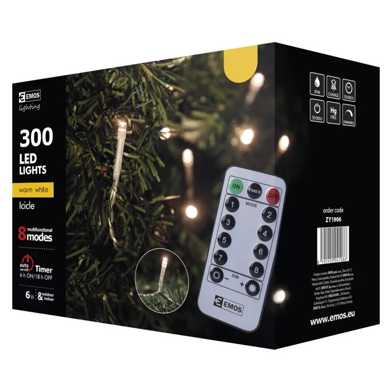 Rampouchy vánoční LED, 5 m, venkovní,teplá b.,ovlad.,prog.,č. (ZY1906)