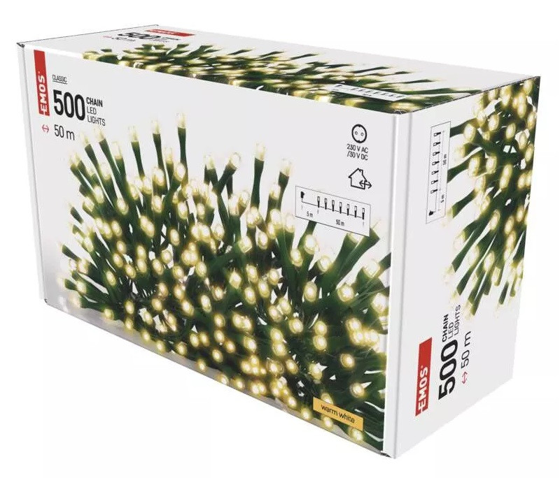 Řetěz vánoční 500 LED, 50 m, venkovní/ vnitřní, teplá bílá, časovač (D4AW06)